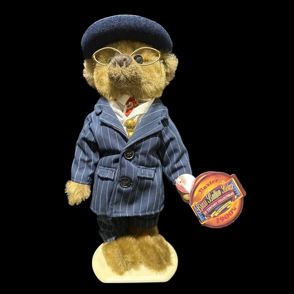 Vintage Brass Button Bears Baxter 20th Century Collectibles with Stand 14”